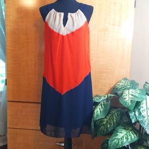 Light flowy dress in navy blue,orange and beige size small